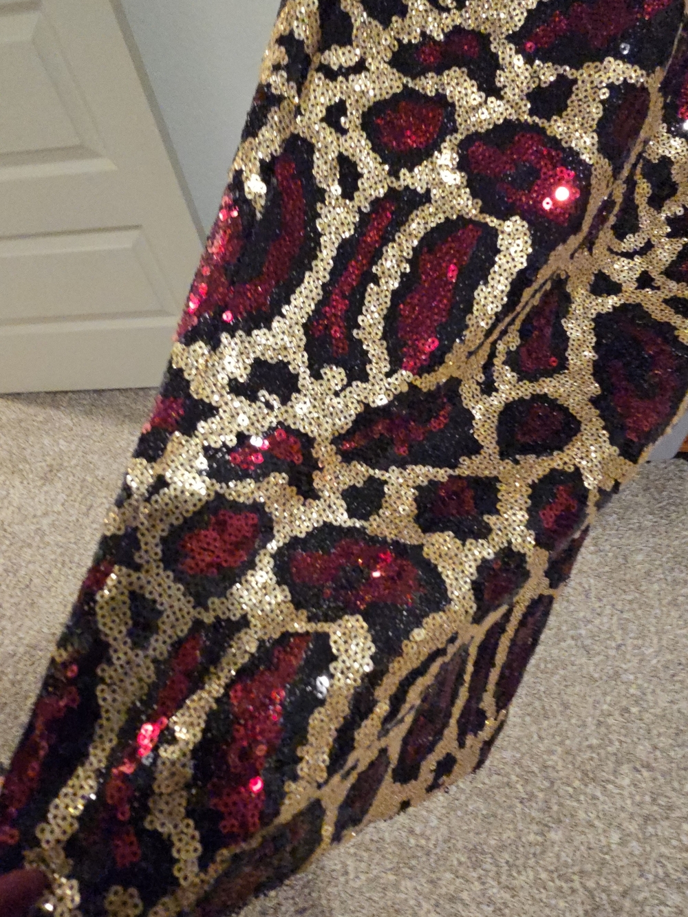 Women's Sequined Leopard Print Skirt in Red and Gold